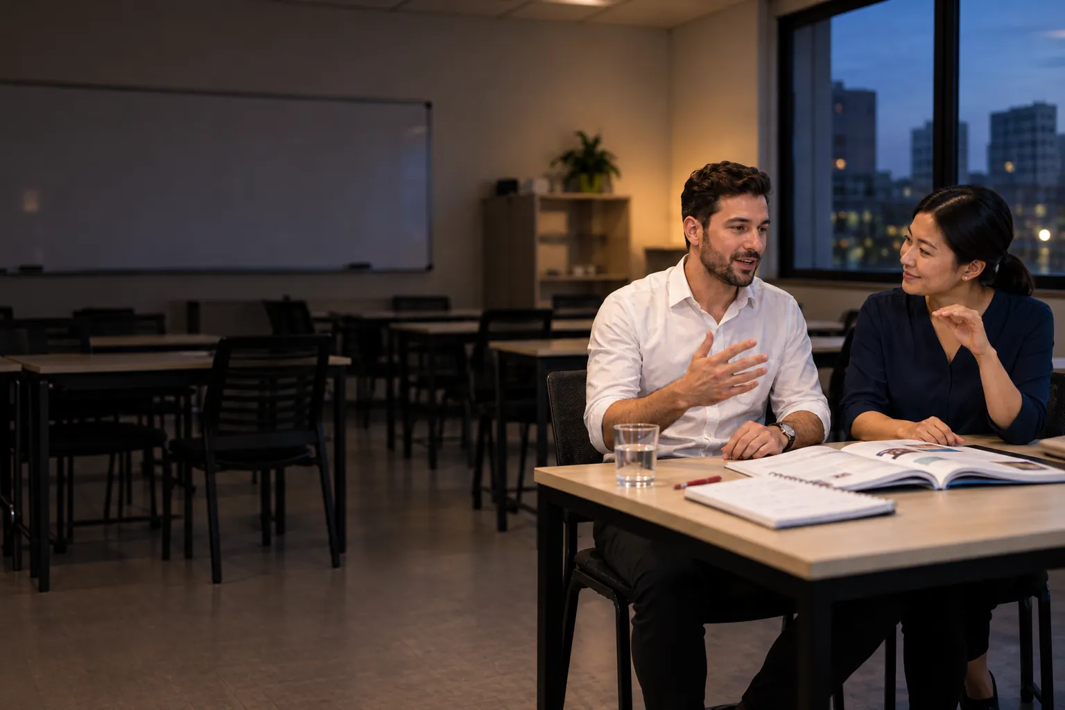Aluno conversando com a professora em uma sala de aula