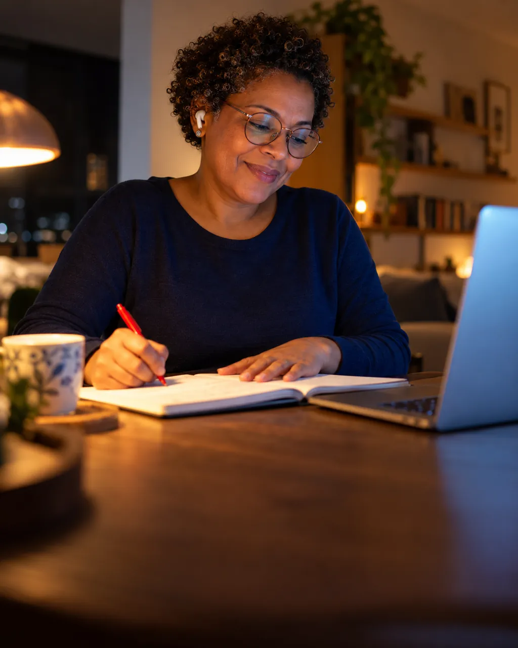 Mulher assistindo a uma aula no notebook, com fones de ouvido, e fazendo anotações em casa à noite