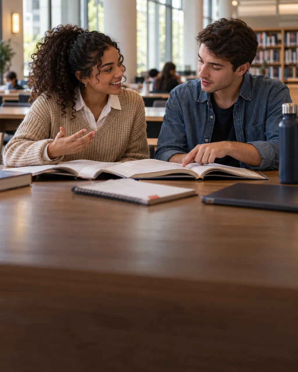 Universitária estudando com um colega em uma biblioteca
